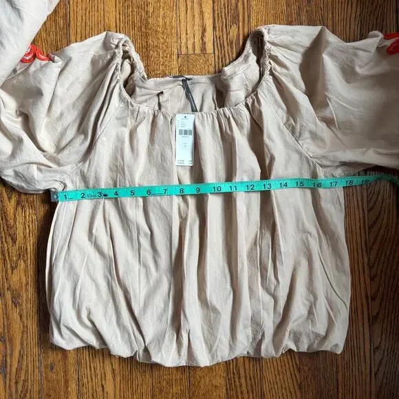 Anthropologie Neutral Tan Cotton Balloon Sleeve Cord Appliqué Boho Top NWT S - Picture 7 of 7